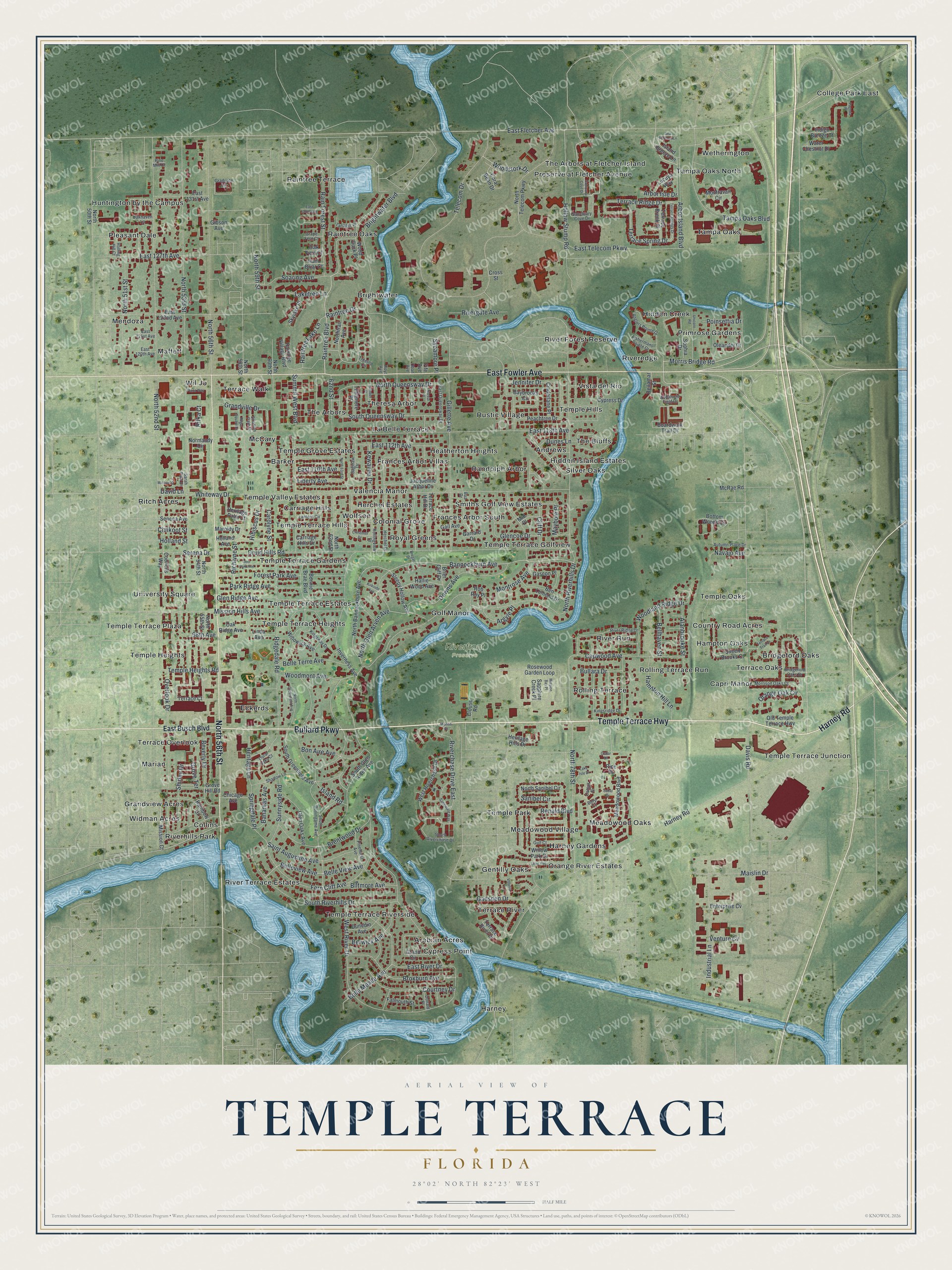 Detailed map of Temple Terrace, Florida, showing streets, buildings, neighborhoods, and parks