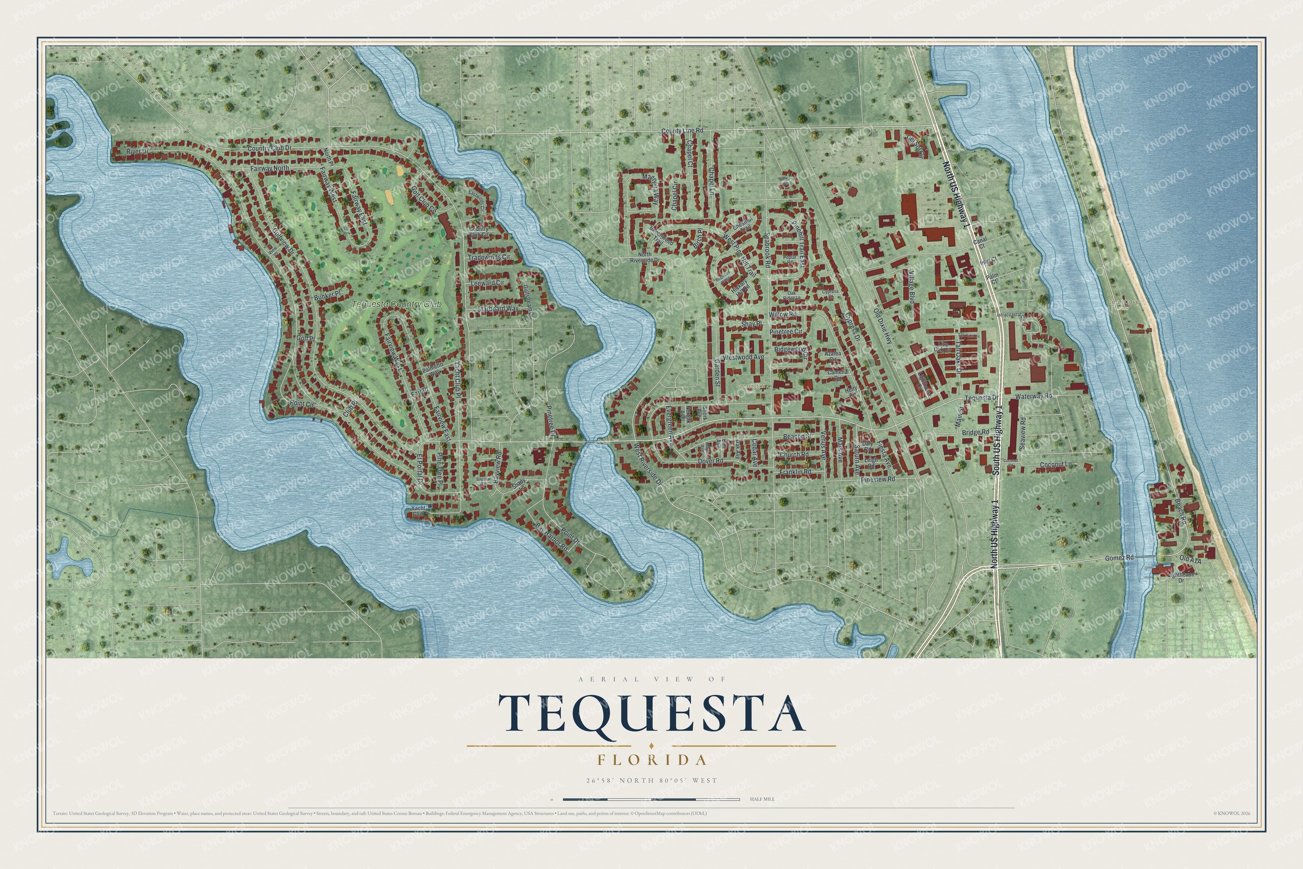 Detailed map of Tequesta, Florida, showing streets, buildings, beaches, and parks
