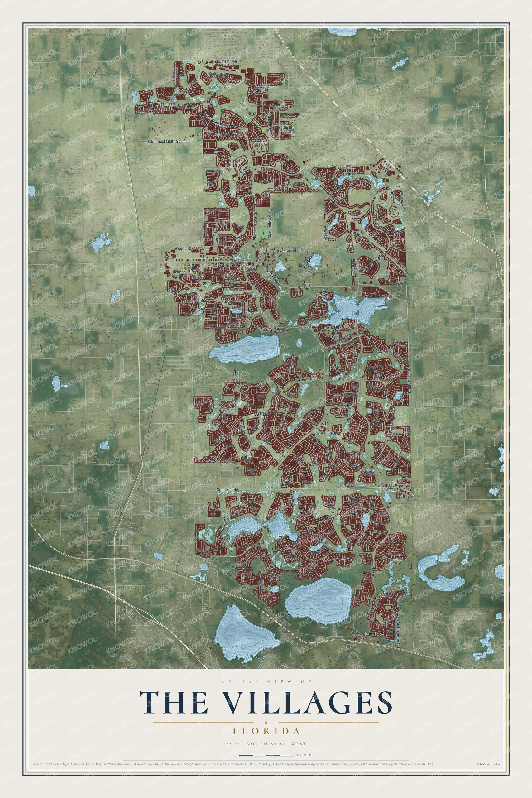 Detailed map of The Villages, Florida, showing streets and buildings