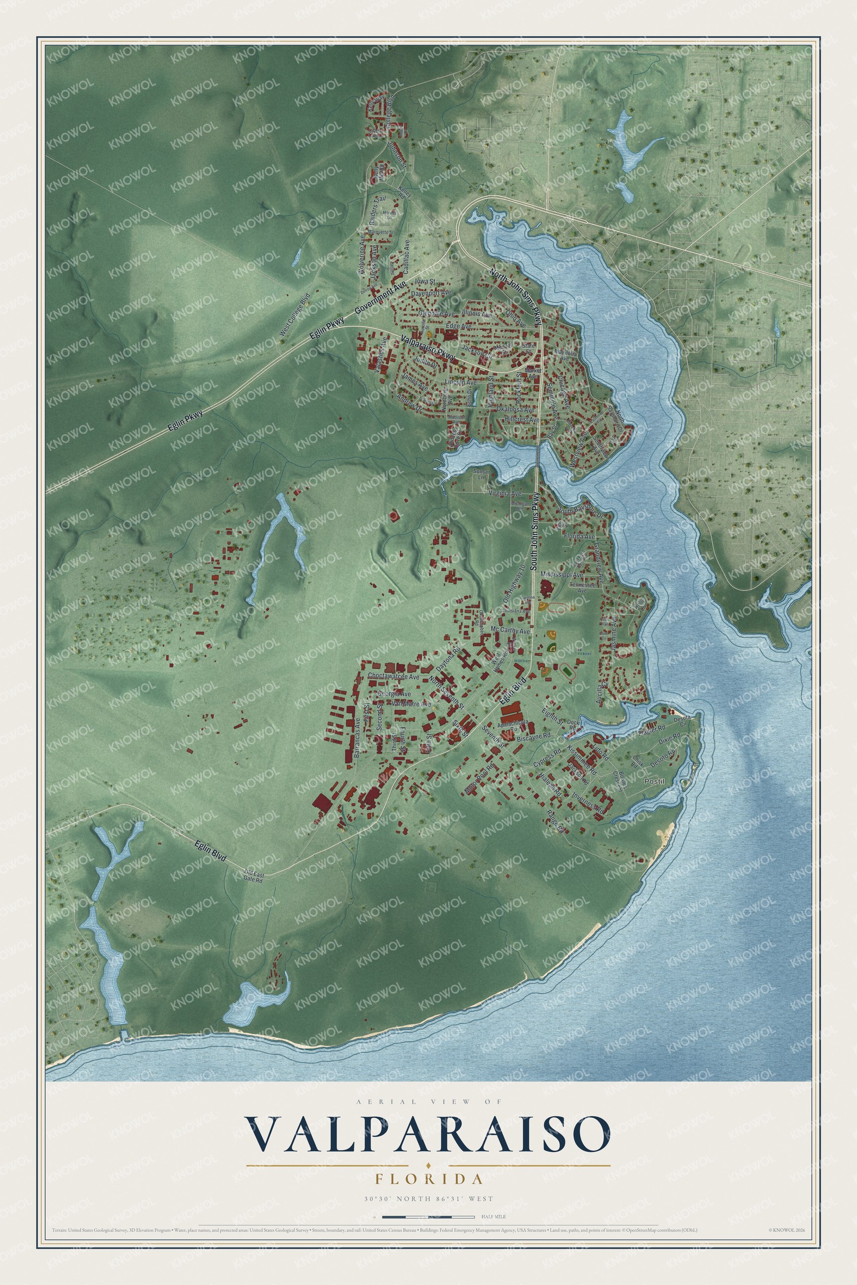 Detailed map of Valparaiso, Florida, showing streets and buildings