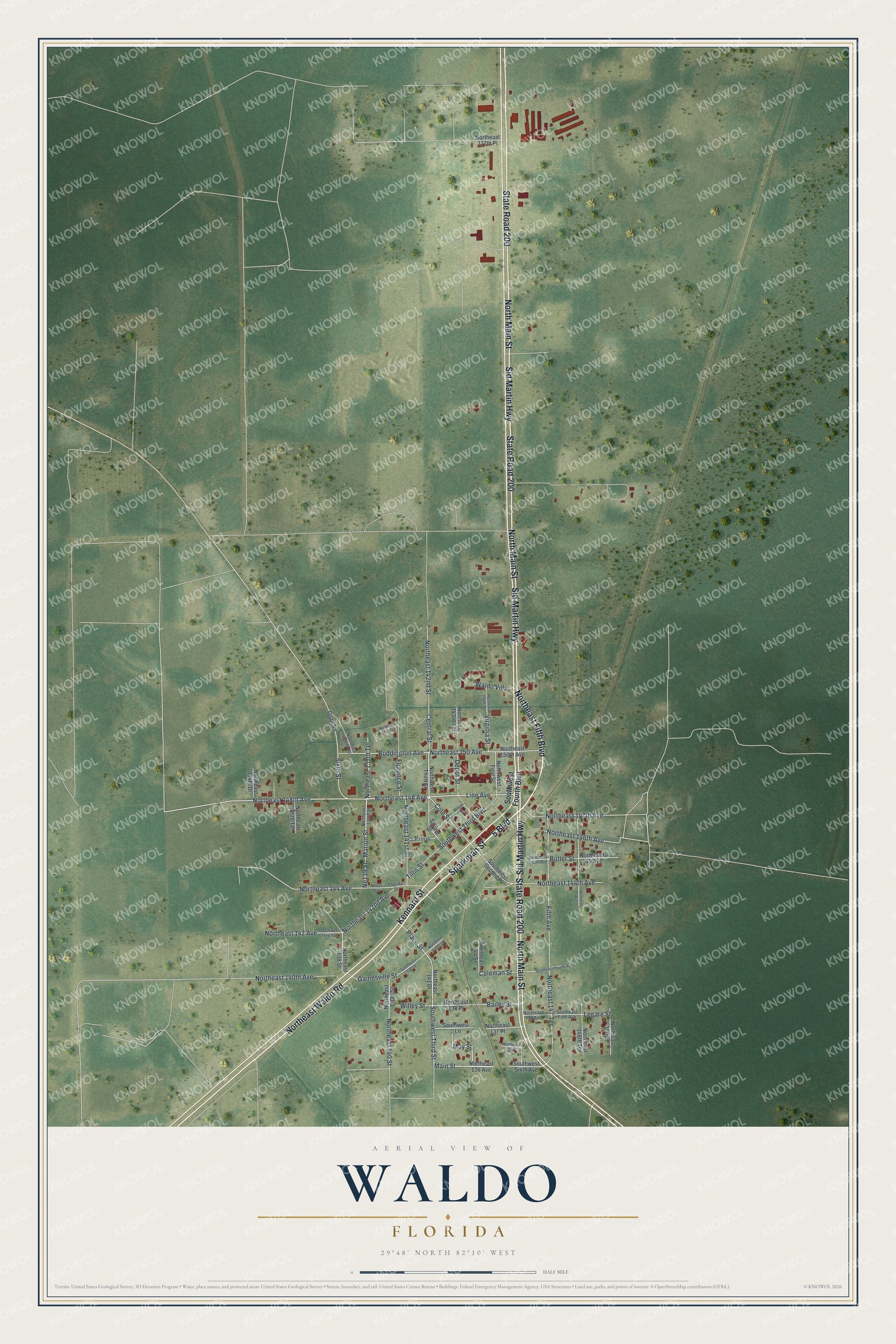 Detailed map of Waldo, Florida, showing streets and buildings