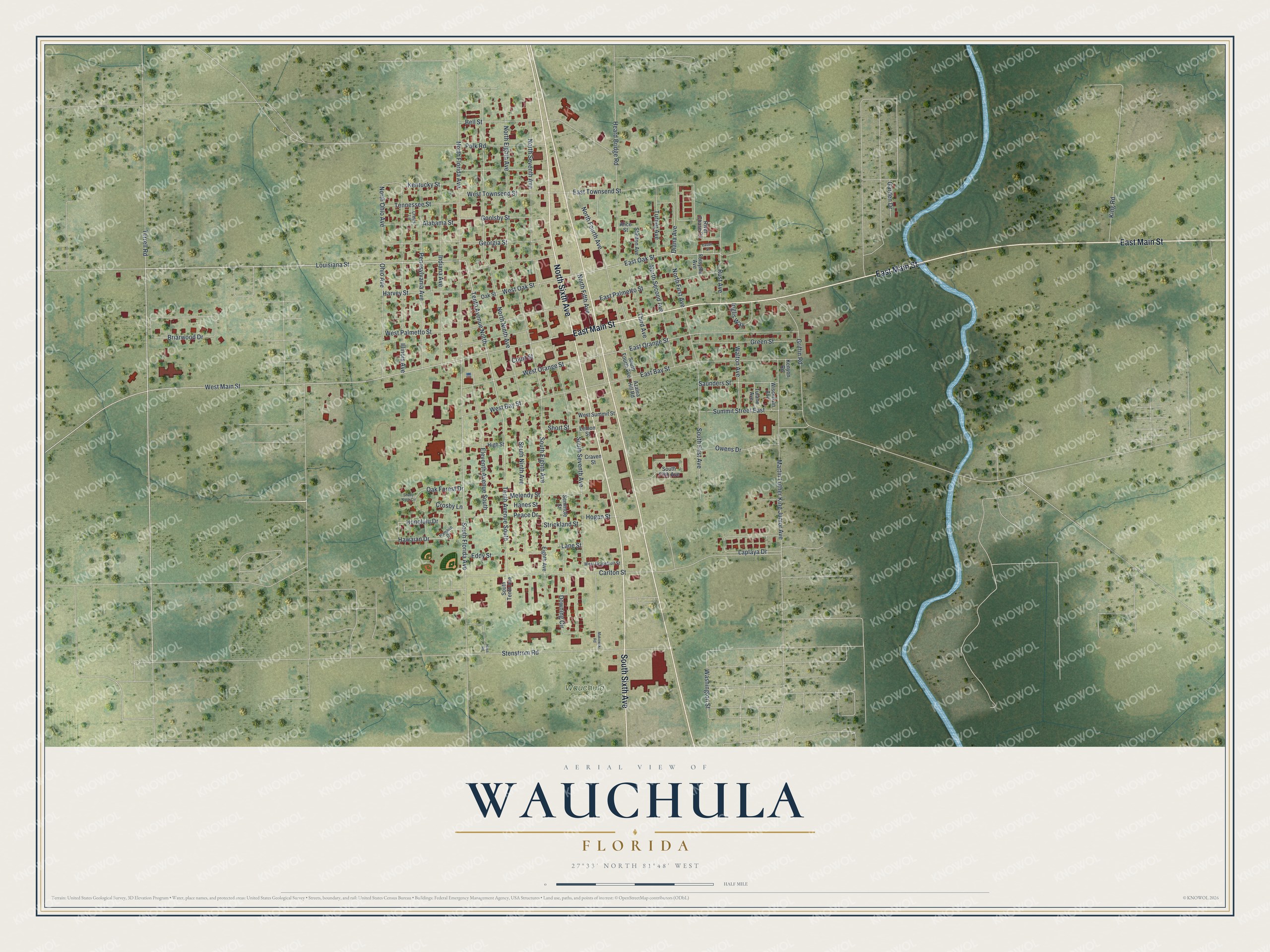 Detailed map of Wauchula, Florida, showing streets and buildings