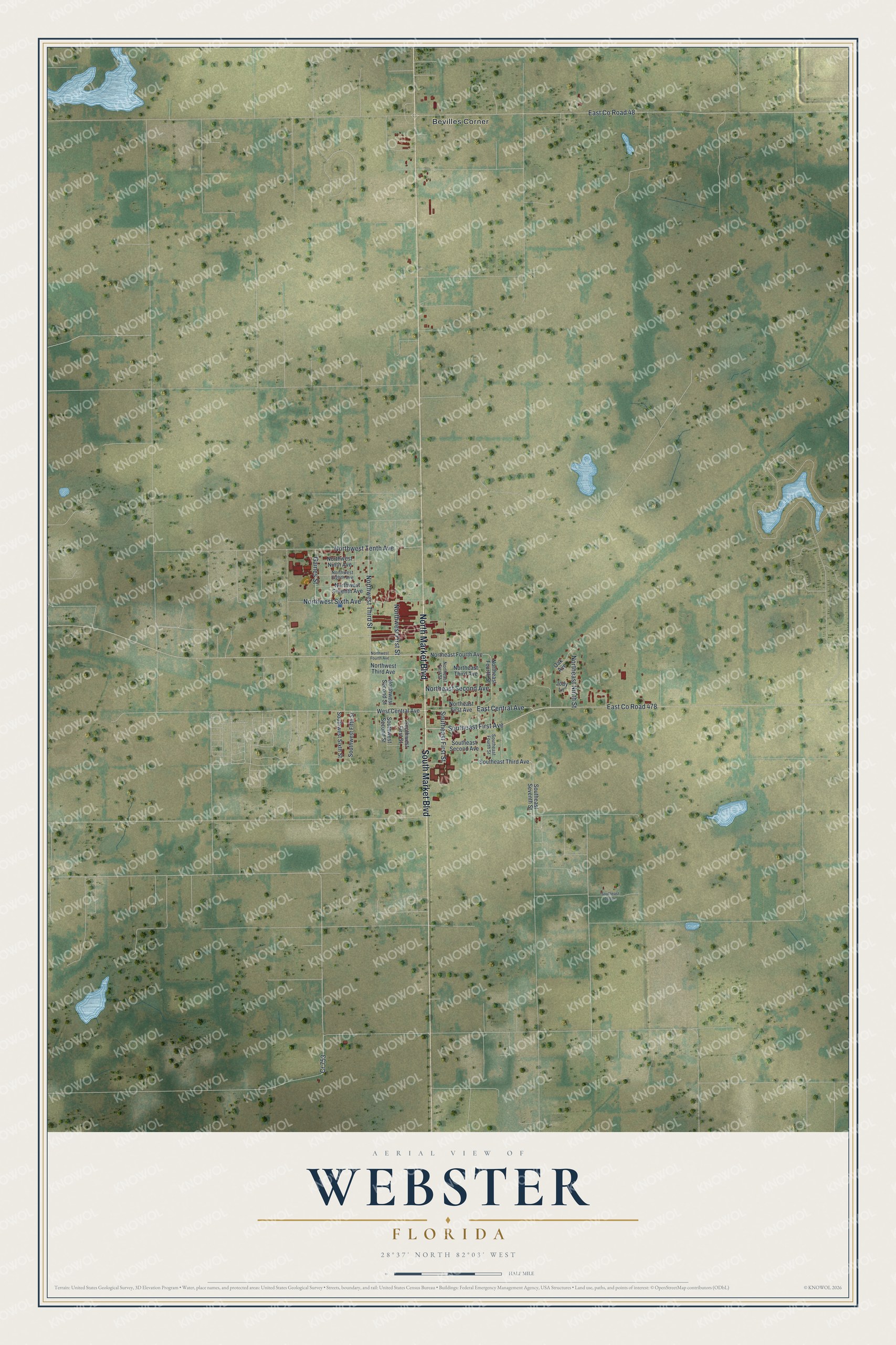 Detailed map of Webster, Florida, showing streets and buildings