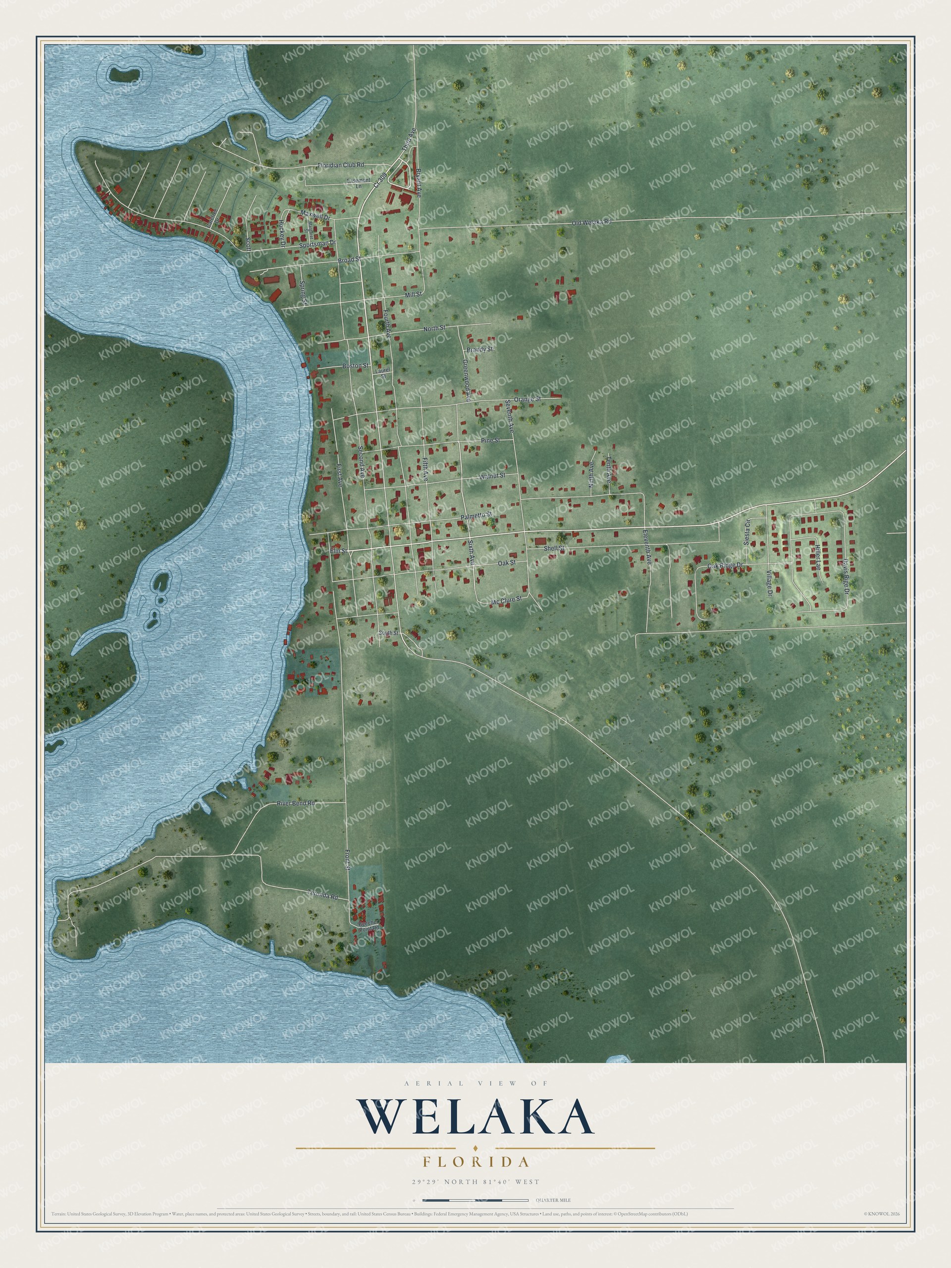 Detailed map of Welaka, Florida, showing streets and buildings