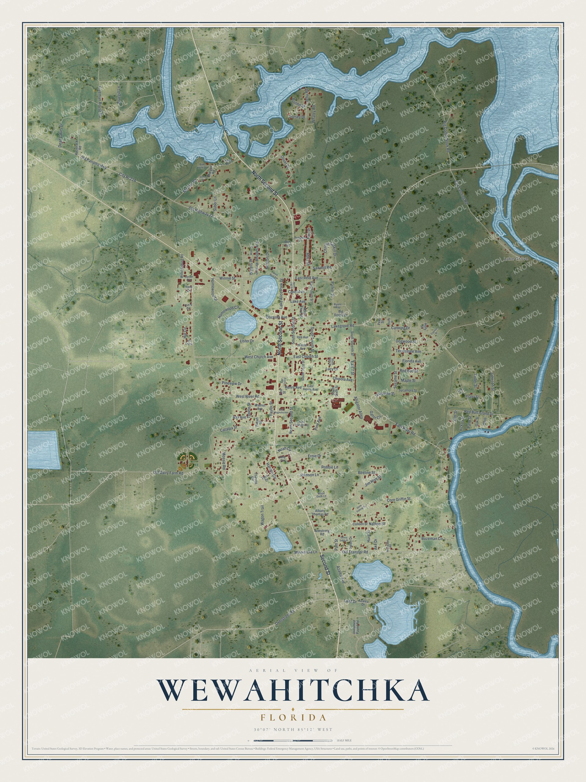 Detailed map of Wewahitchka, Florida, showing streets and buildings