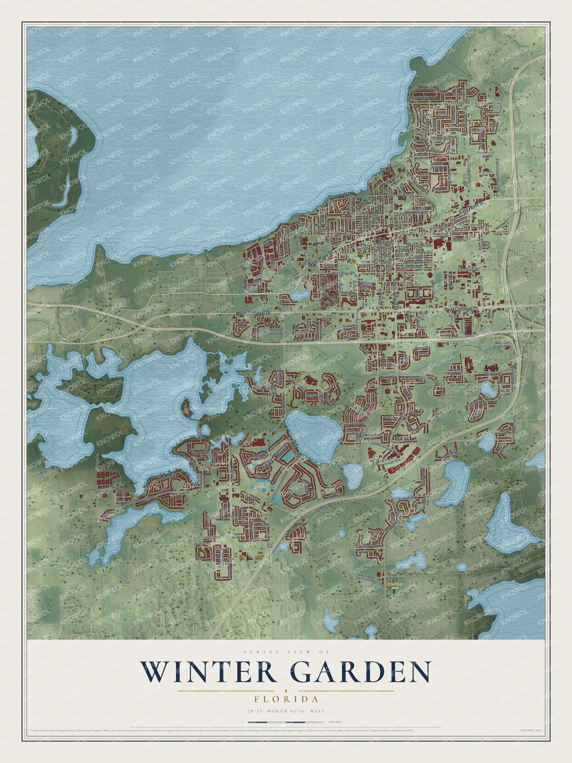 Detailed map of Winter Garden, Florida, showing streets, buildings, neighborhoods, and parks