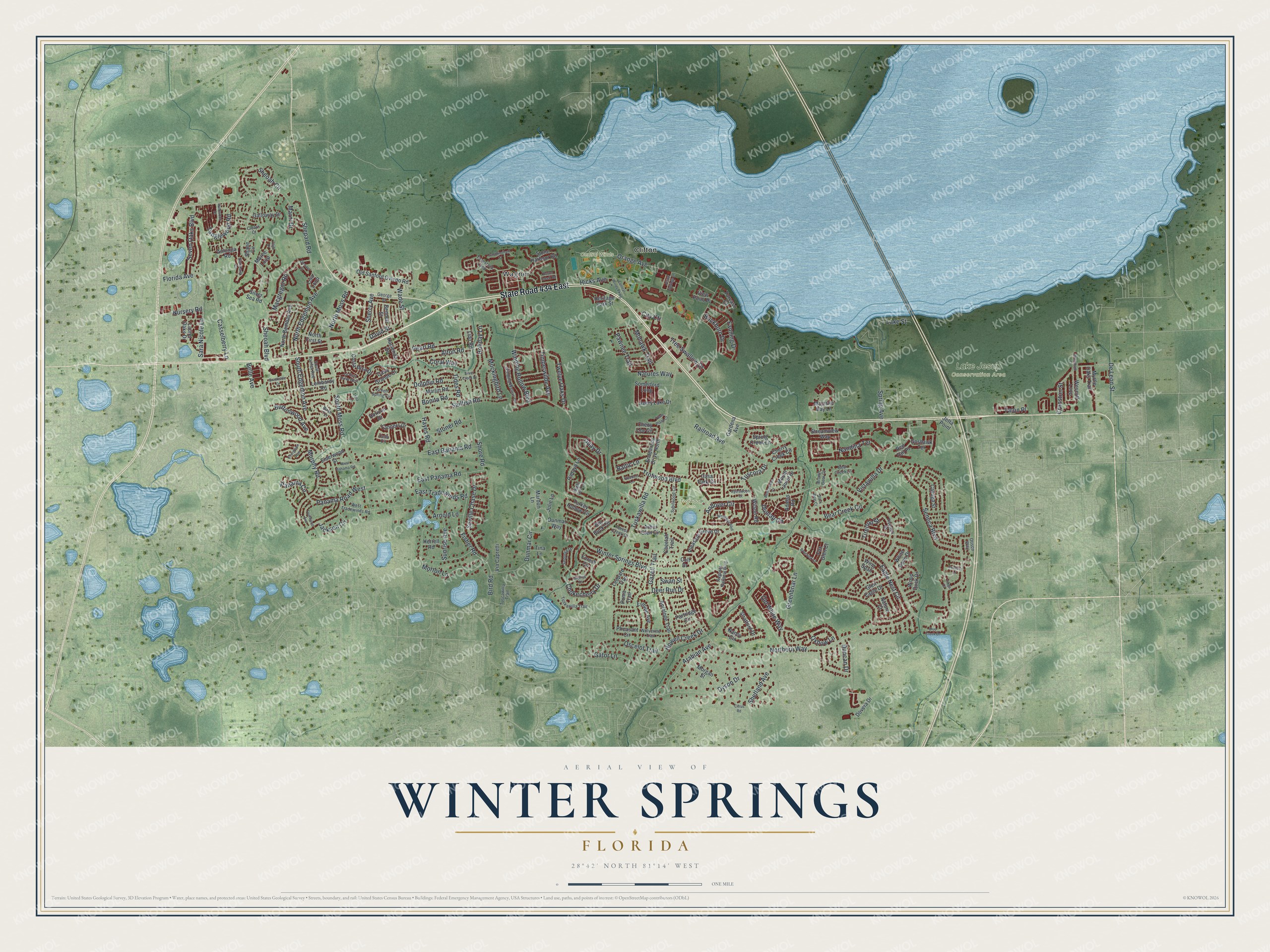 Detailed map of Winter Springs, Florida, showing streets, buildings, neighborhoods, and parks