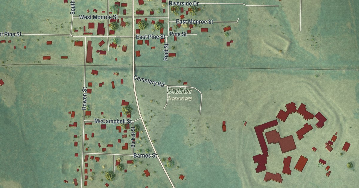 Close-up of streets and buildings in Abbeville, Georgia