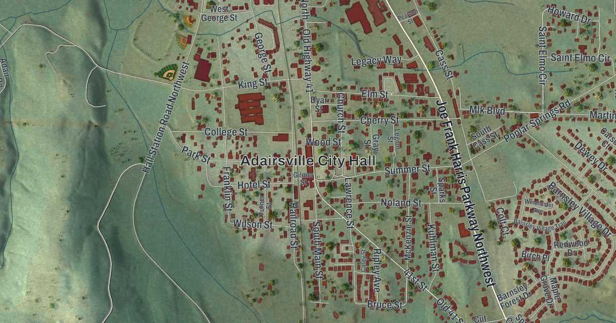 Close-up of streets and buildings in Adairsville, Georgia