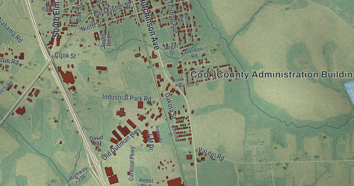 Close-up of streets and buildings in Adel, Georgia