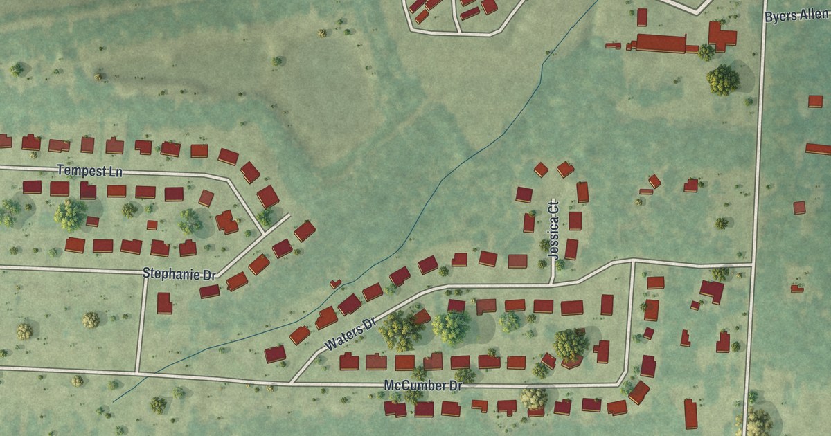 Close-up of streets and buildings in Allenhurst, Georgia