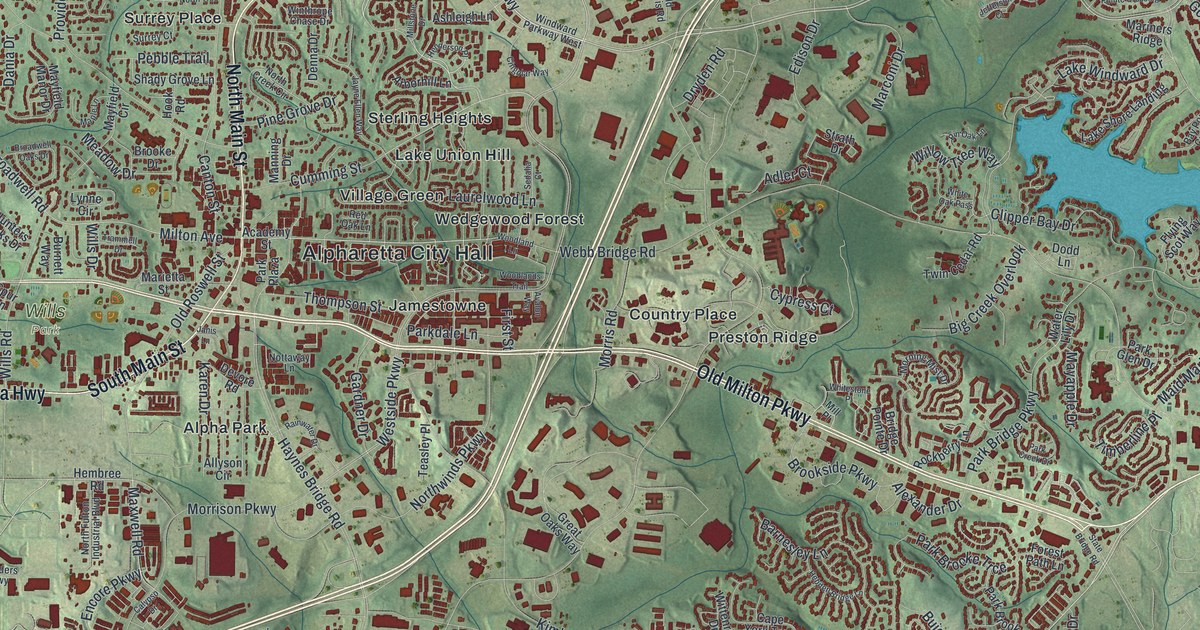 Close-up of streets and buildings in Alpharetta, Georgia