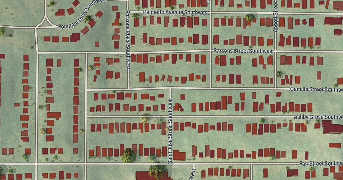 Close-up of streets and buildings in Ashview Heights, Georgia