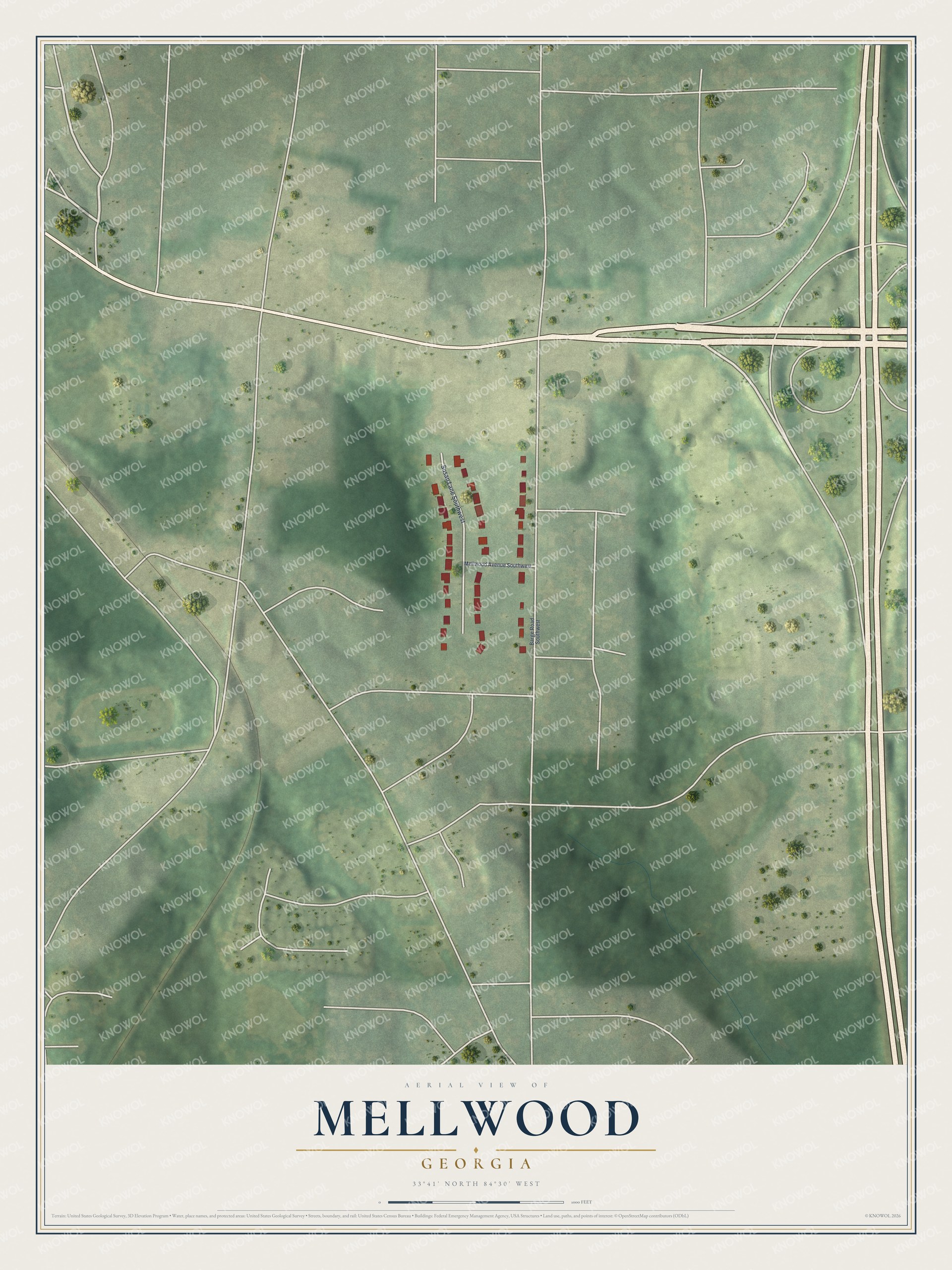 Detailed map of Mellwood, Georgia, showing streets and buildings