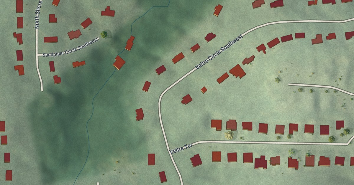 Close-up of streets and buildings in Audobon Forest West, Georgia