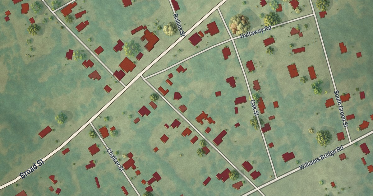Close-up of streets and buildings in Avera, Georgia