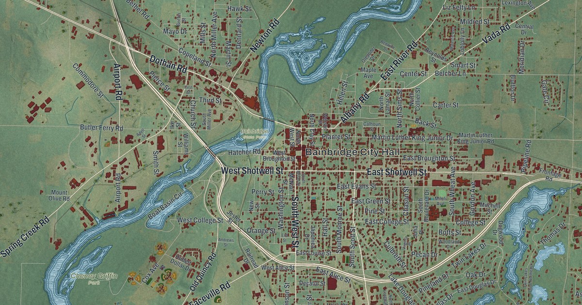 Close-up of streets and buildings in Bainbridge, Georgia