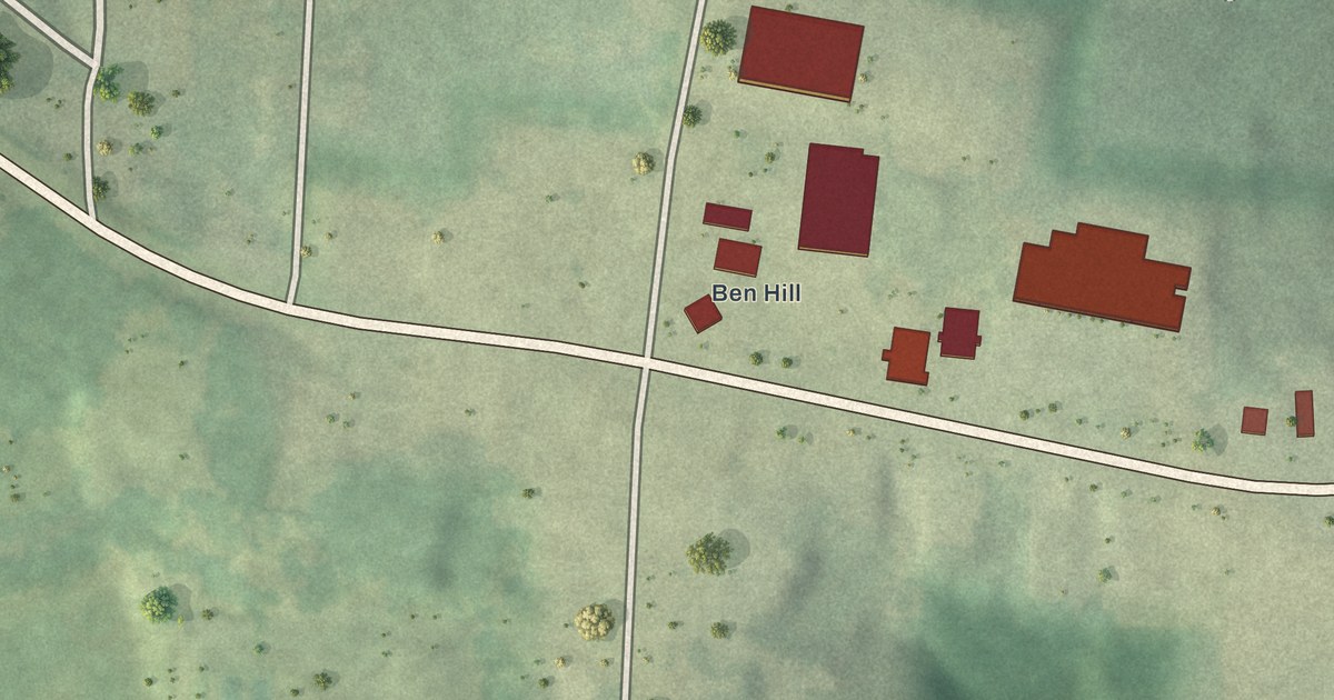 Close-up of streets and buildings in Ben Hill Acres, Georgia