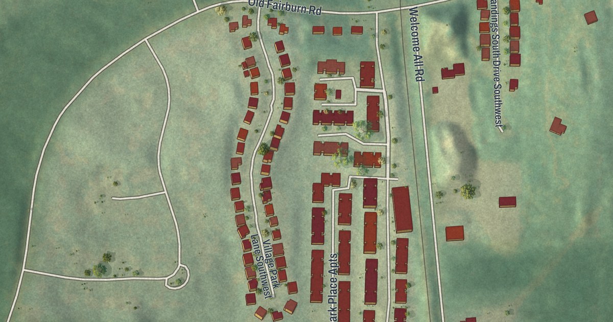 Close-up of streets and buildings in Ben Hill, Georgia