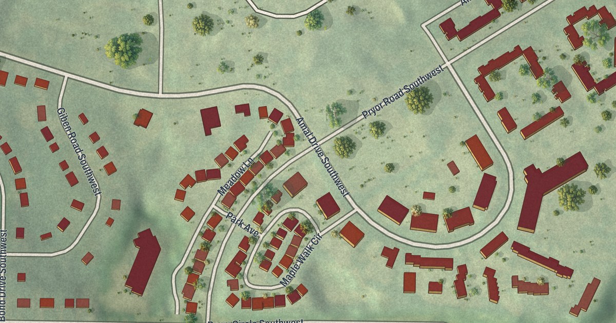 Close-up of streets and buildings in Betmar LaVilla, Georgia