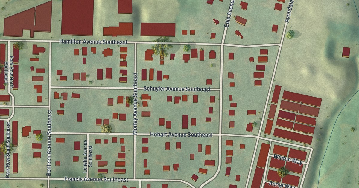 Close-up of streets and buildings in Boulevard Heights, Georgia