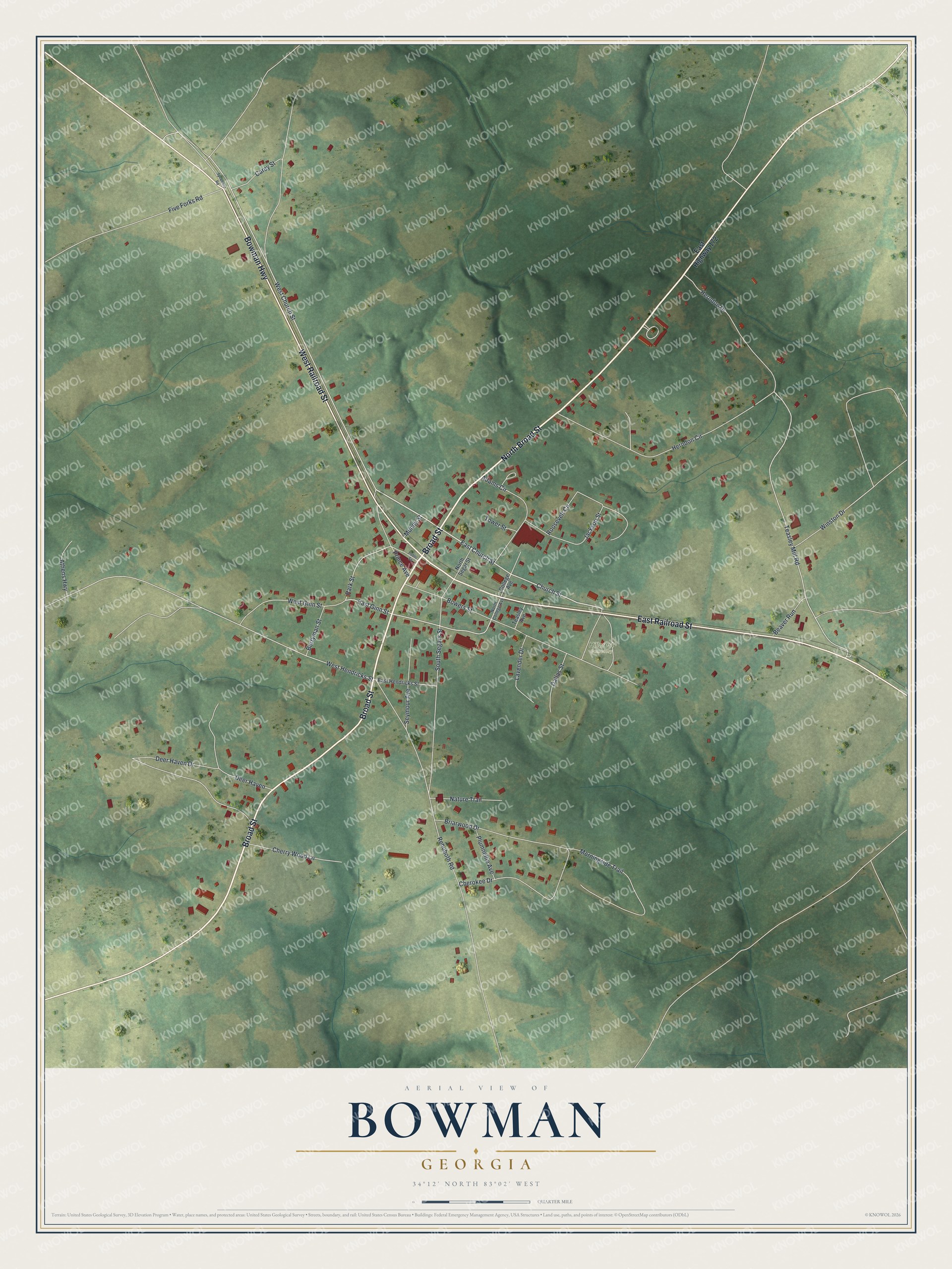 Watermarked full-map preview of Bowman, Georgia