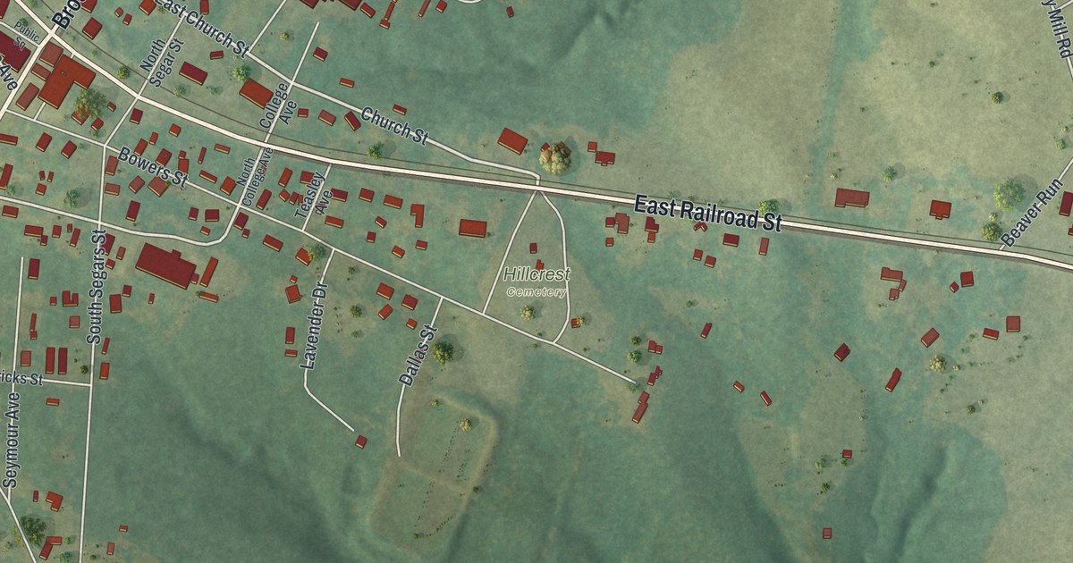 Close-up of streets and buildings in Bowman, Georgia