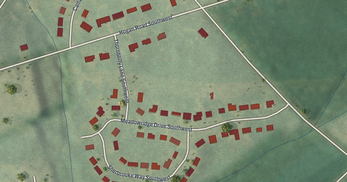 Close-up of streets and buildings in Brentwood, Georgia