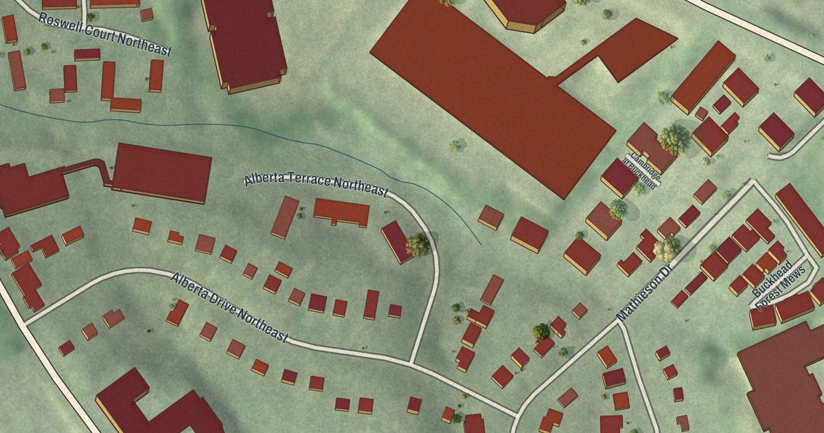 Close-up of streets and buildings in Buckhead Forest, Georgia