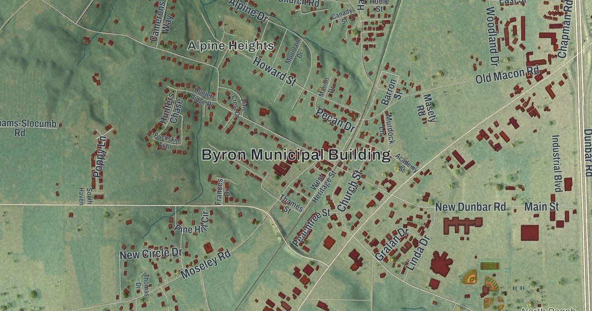 Close-up of streets and buildings in Byron, Georgia