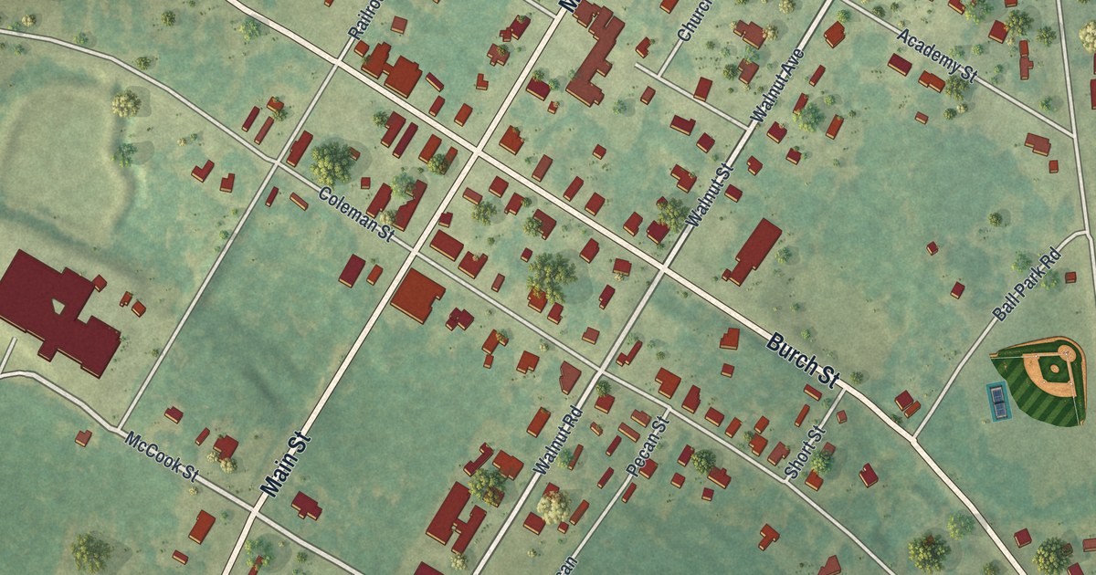 Close-up of streets and buildings in Cadwell, Georgia