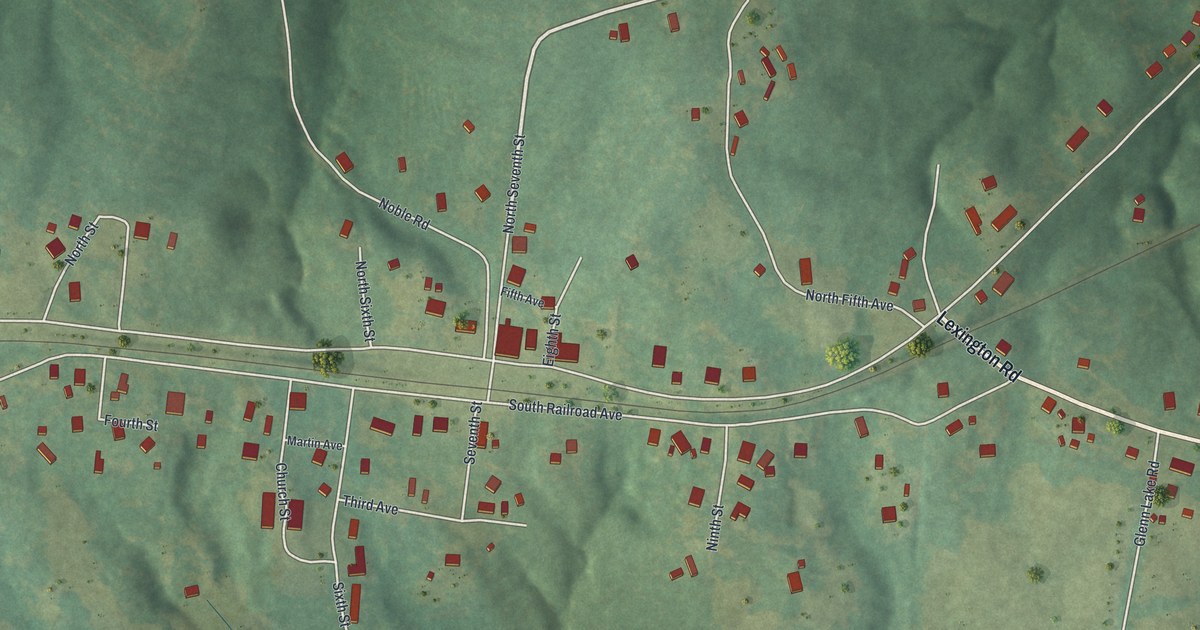 Close-up of streets and buildings in Carlton, Georgia