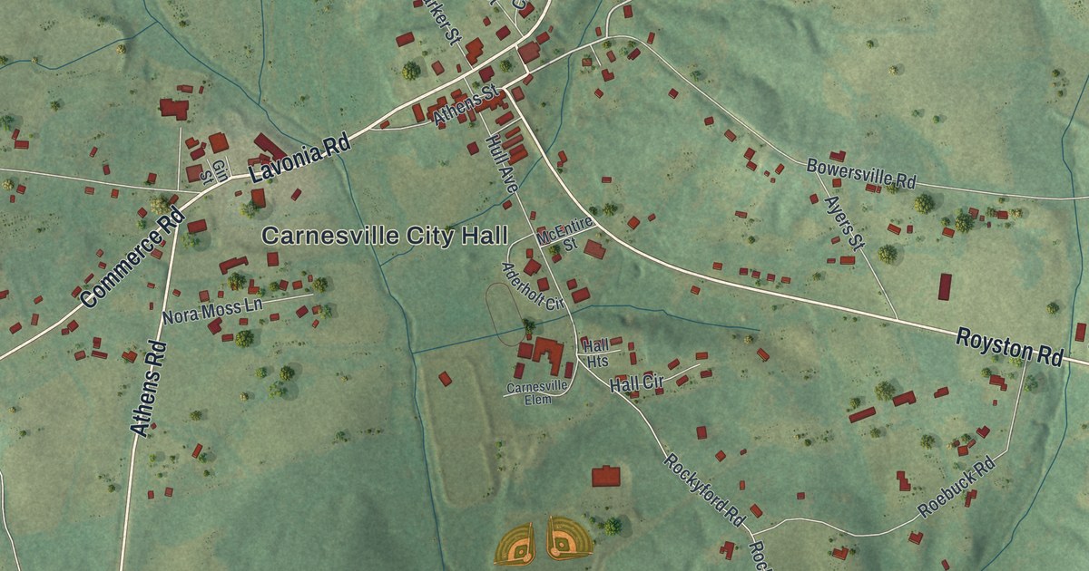 Close-up of streets and buildings in Carnesville, Georgia