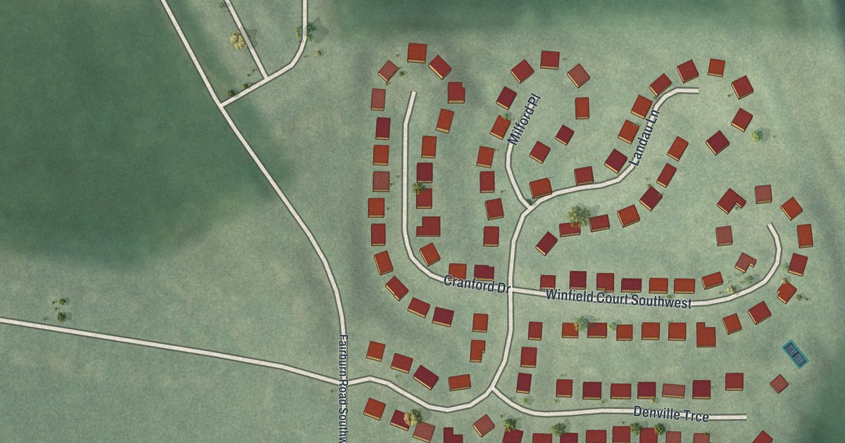 Close-up of streets and buildings in Cascade Green, Georgia