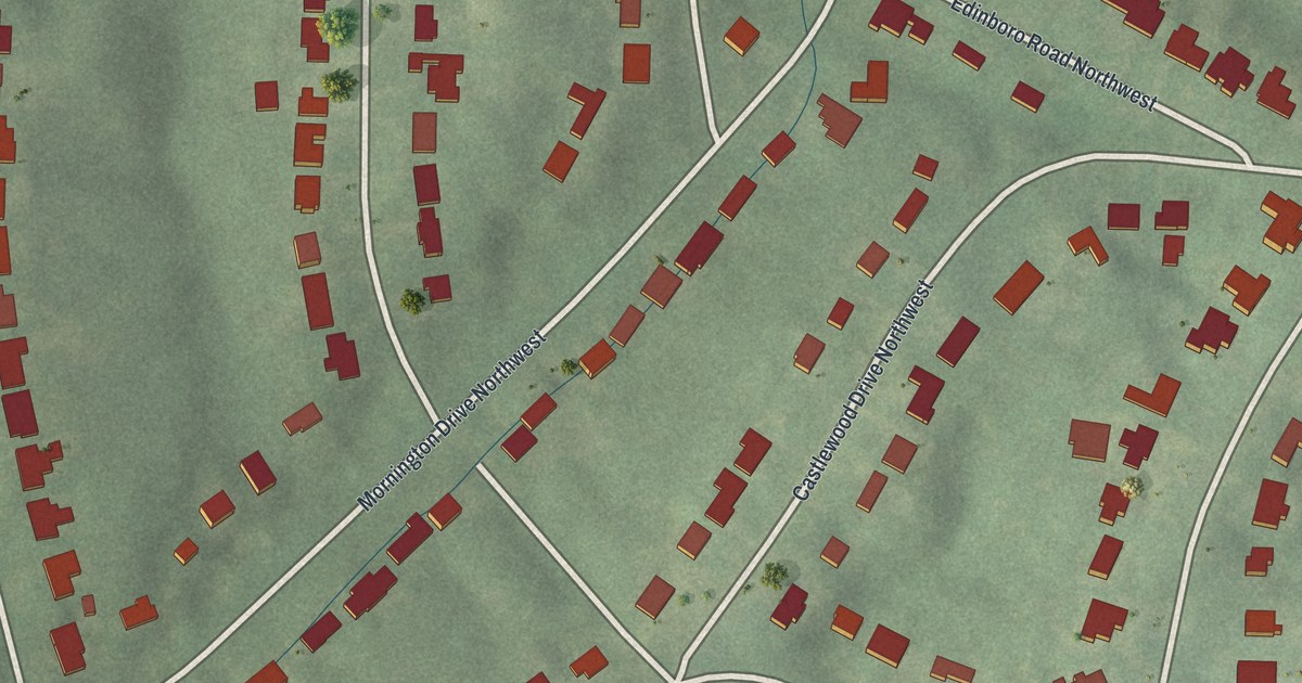 Close-up of streets and buildings in Castlewood, Georgia