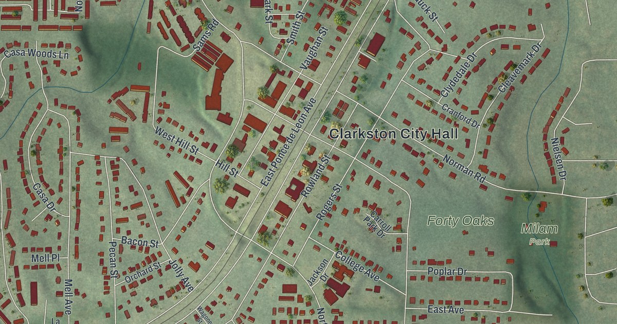 Close-up of streets and buildings in Clarkston, Georgia