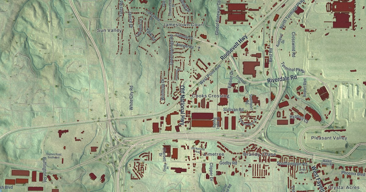 Close-up of streets and buildings in College Park, Georgia