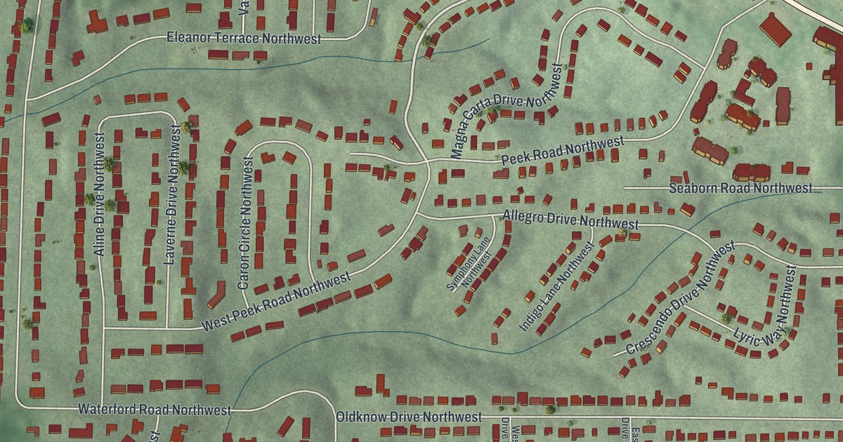 Close-up of streets and buildings in Collier Heights, Georgia