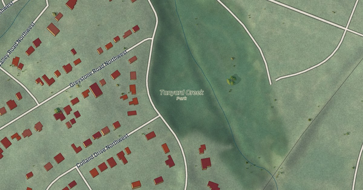 Close-up of streets and buildings in Collier Hills, Georgia