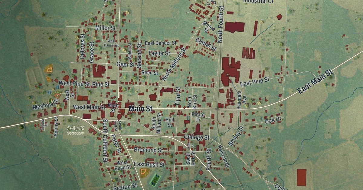 Close-up of streets and buildings in Colquitt, Georgia