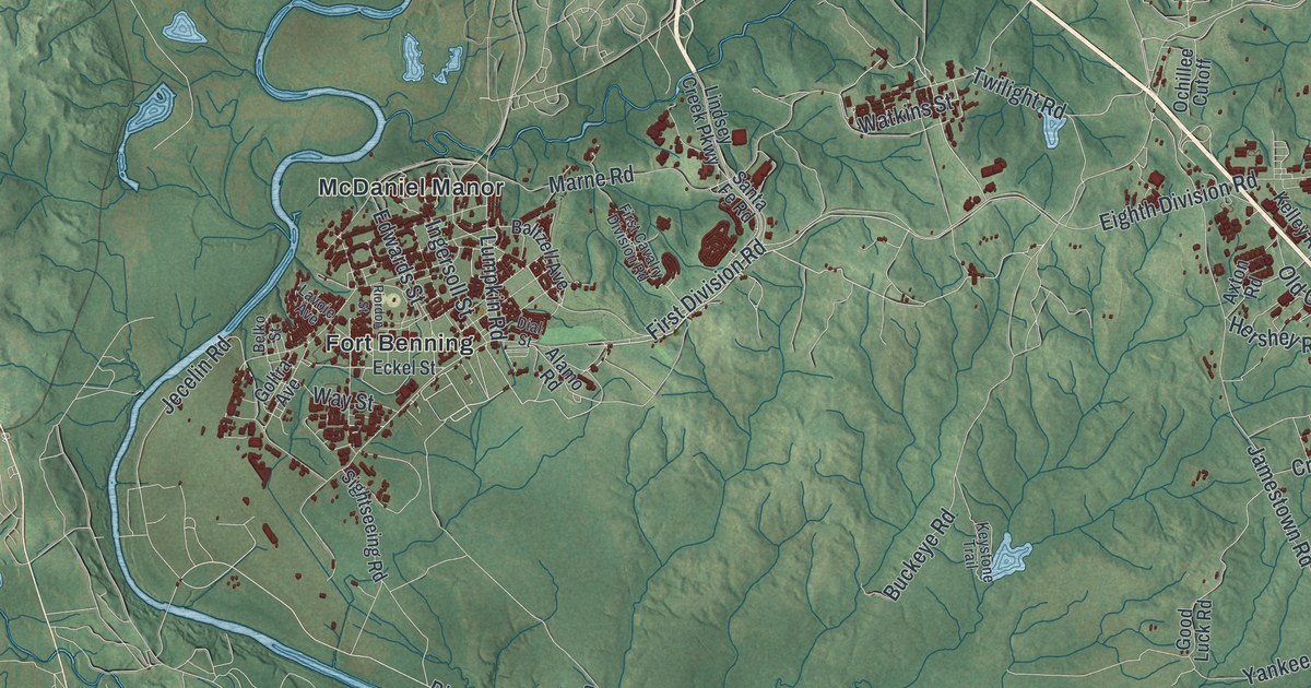 Close-up of streets and buildings in Cusseta-Chattahoochee County, Georgia