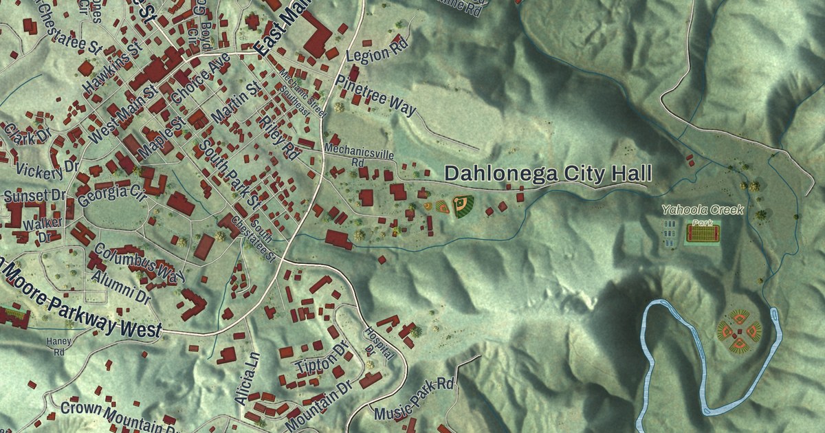Close-up of streets and buildings in Dahlonega, Georgia