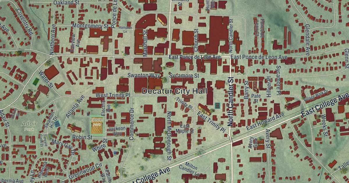 Close-up of streets and buildings in Decatur, Georgia