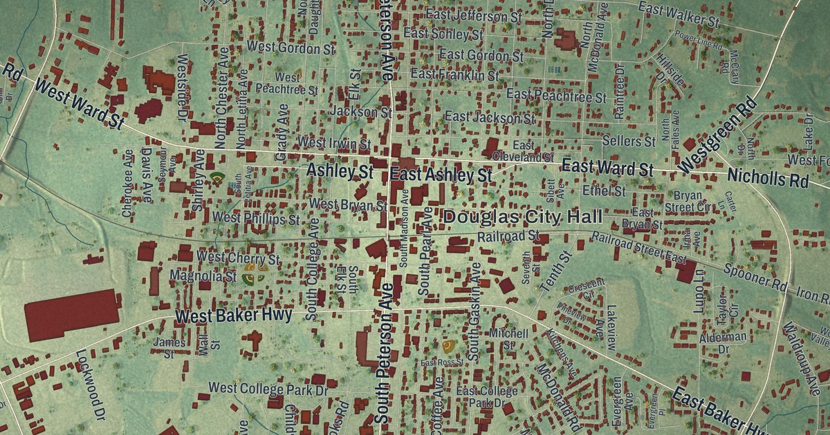 Close-up of streets and buildings in Douglas, Georgia