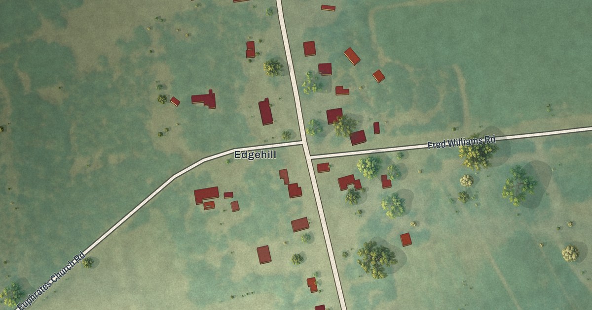 Close-up of streets and buildings in Edge Hill, Georgia