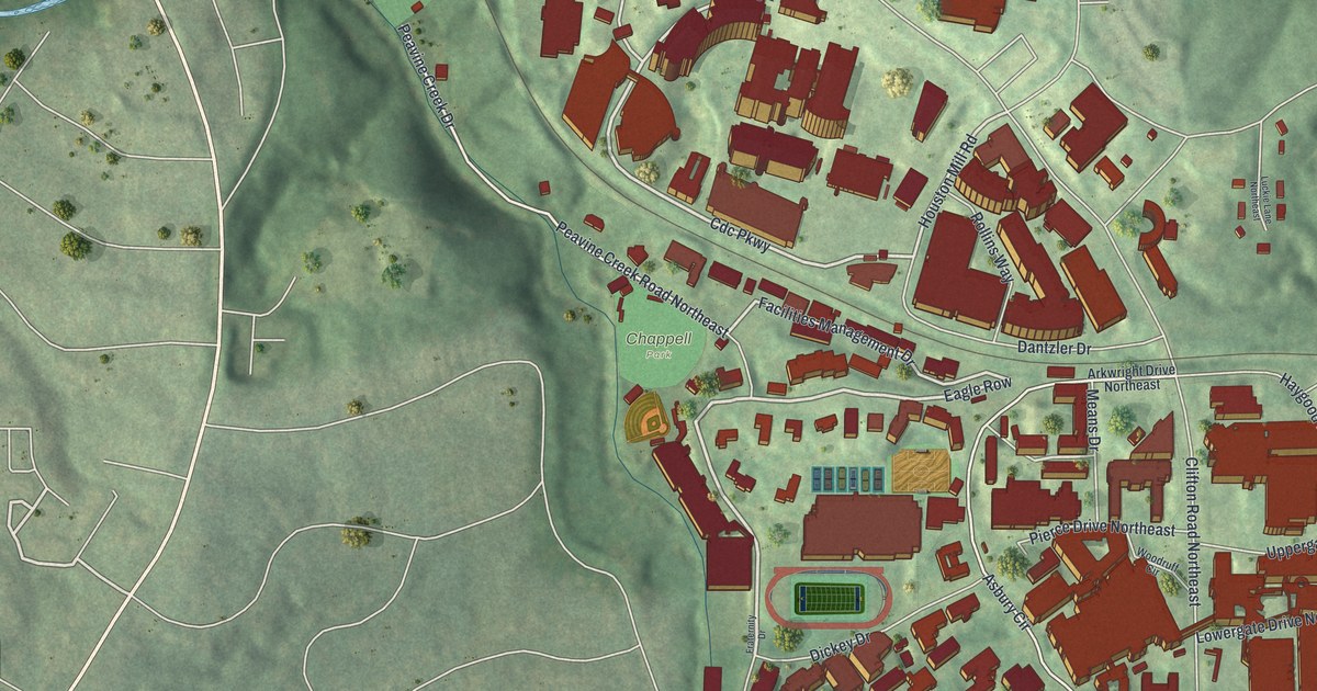 Close-up of streets and buildings in Emory, Georgia