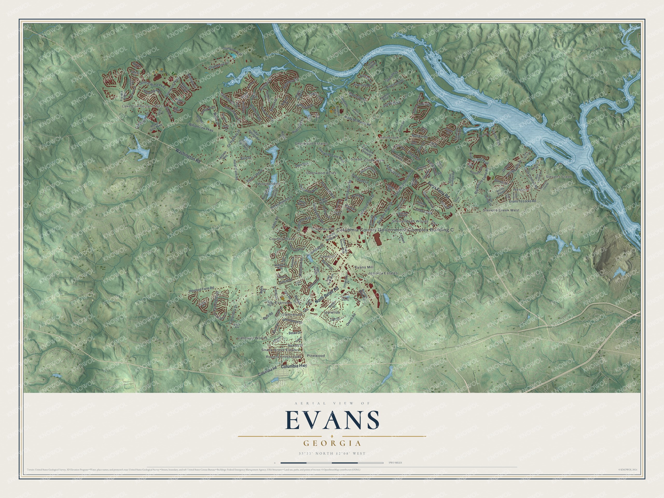Watermarked full-map preview of Evans, Georgia