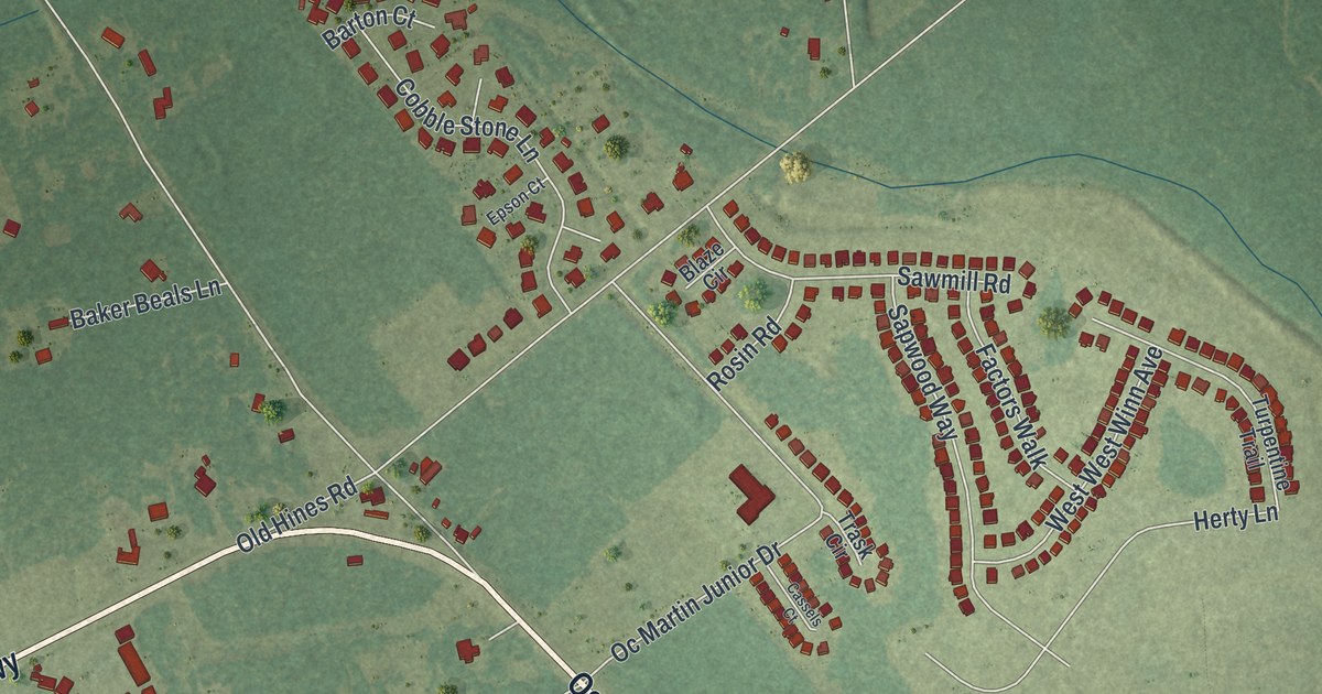 Close-up of streets and buildings in Flemington, Georgia
