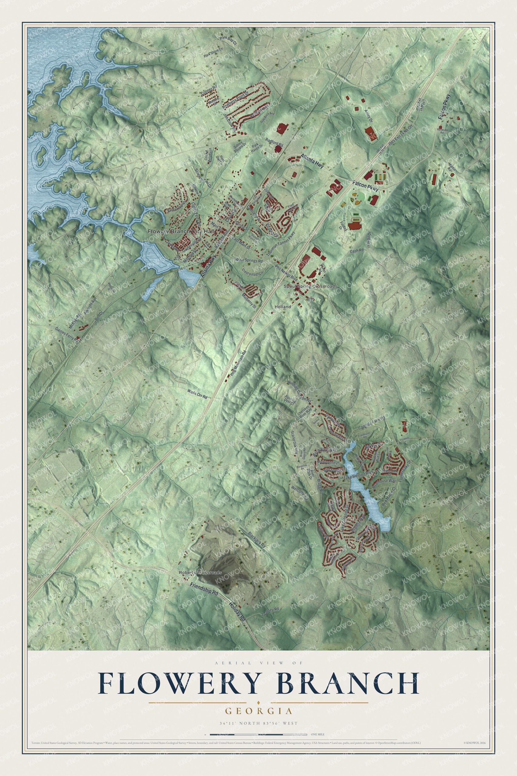Watermarked full-map preview of Flowery Branch, Georgia