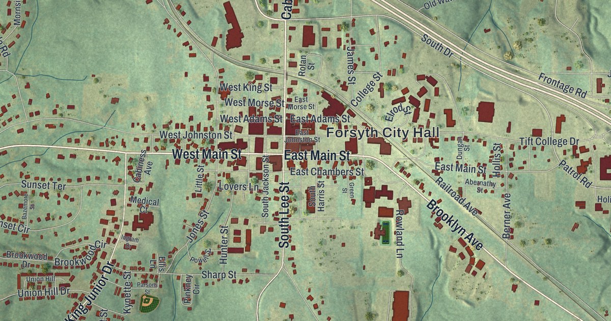 Close-up of streets and buildings in Forsyth, Georgia